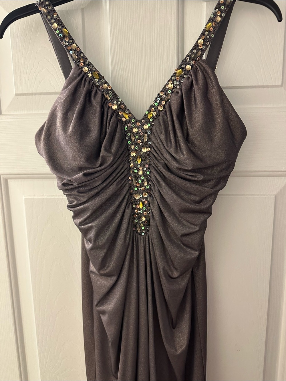 JS Boutique Metallic Taupe Ruched Sequin V-Neck Prom Dress